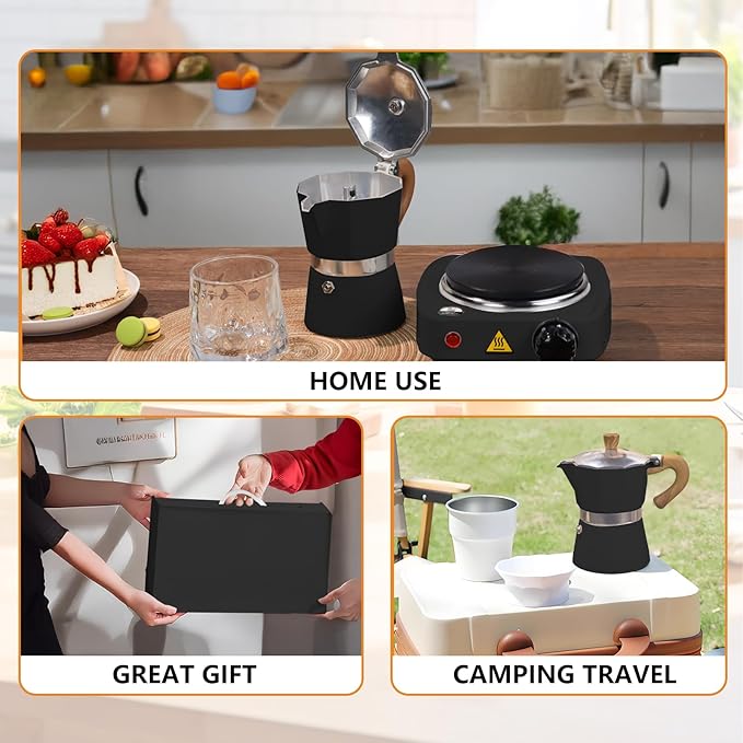 2-in-1 Aluminum Moka Pot Set with Electric Stove Classic Stovetop Espresso Coffee Maker 150ml 5oz Mocha Express Portable Camping Travel Preferred Cafe Makers Italian Cuban Café Brewing 3 Cup
