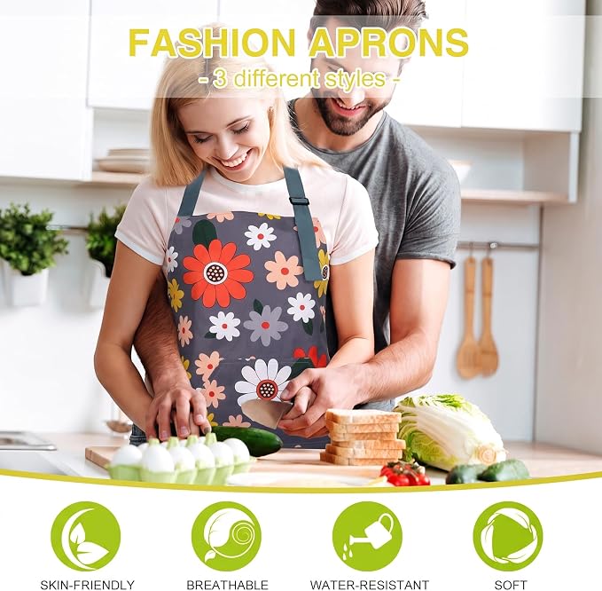 BOUMUSOE 3 Pack Floral Aprons with Pocket, Blooming Womens Aprons | Waterproof Adjustable Cooking Aprons for Kitchen Gardening and Salon - Image 6