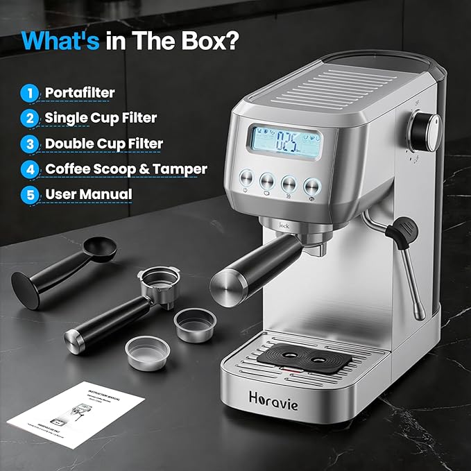 Espresso Machine 20 Bar, Compact Espresso Maker with Milk Frother, Stainless Steel Cappuccino & Latte Machine with LCD Screen, Adjustable Temperature, 44oz Water Tank for Home, Office