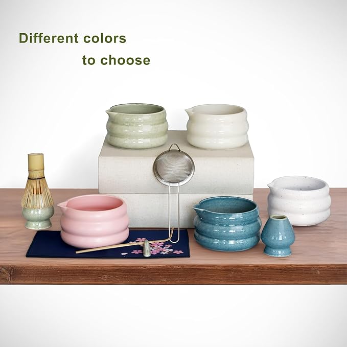 Green Matcha Whisk Set, Ceramic Matcha Kit Set Valentine Gift Present Includes Matcha Bowl, Matcha Whisk and Holder, Bamboo Scoop, Scoop Rest, Sifter and Tea Towel - 7 Pcs Kit for Matcha Lovers