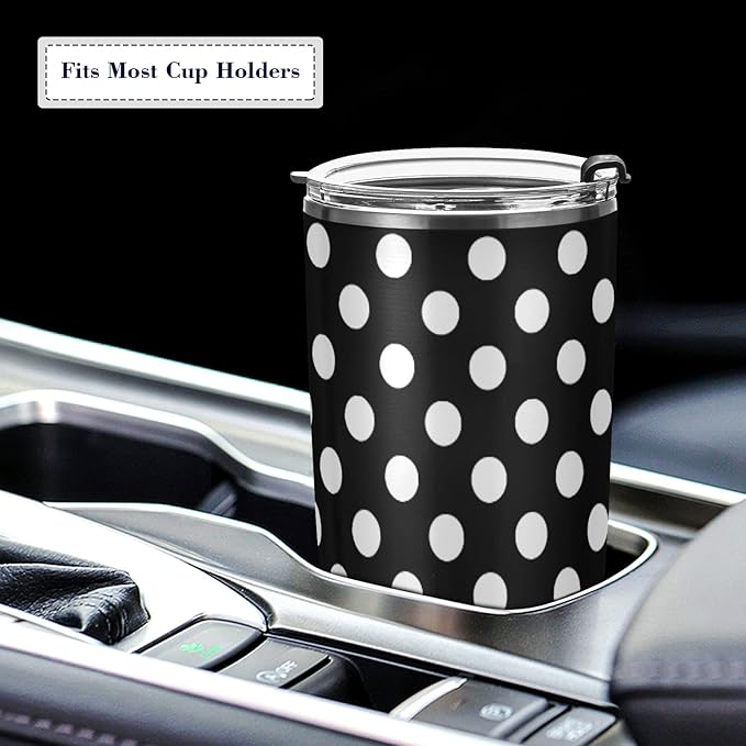 Tumbler Polka Dot Black White Insulated Coffee Cup Beverage Container Travel Mug with Straw and Lid Double Wall Stainless Steel 20oz BPA-Free for Sport, Back to School