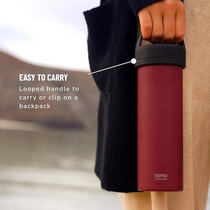 ESPRO P0 Ultralight French Press Coffee Maker for Travel, Vacuum Insulated Stainless Steel, 16 Ounces, Cranberry