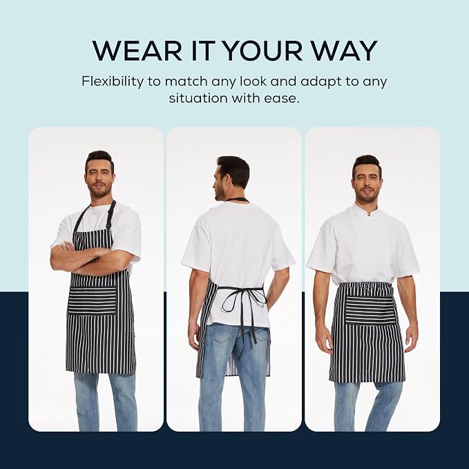Will Well 2 Pack Bib Apron For Men & Women with 2 Pockets - Black Stripe | Unisex 33'' x 27'' Oil & Water Resistant Soft Kitchen Chef Apron with Adjustable Neck Strap & 38'' Waist Ties for Snug Fit - Image 5