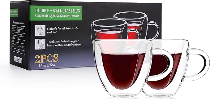 CNGLASS Double Wall Heart Shaped Glass Coffee Mugs 5oz(Set of 2),Insulated Clear Tea Cups with Handle,Unique Glass Espresso Mugs for Coffee,Cappuccino,Latte,Milk