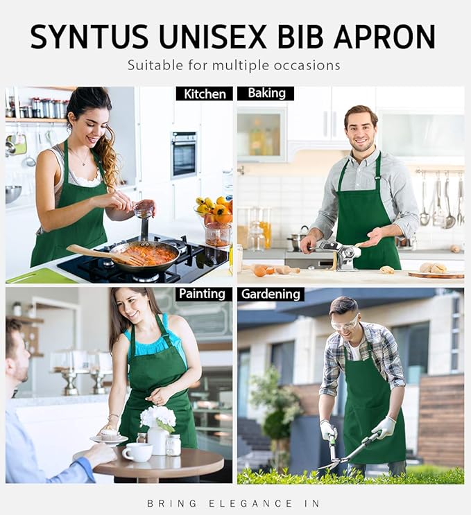 Syntus 12 Pack Bib Apron, Unisex Aprons Adjustable Waterdrop Resistant with 2 Pockets Cooking Kitchen Apron for Chef, BBQ Drawing Apron Bulk, Dark Green