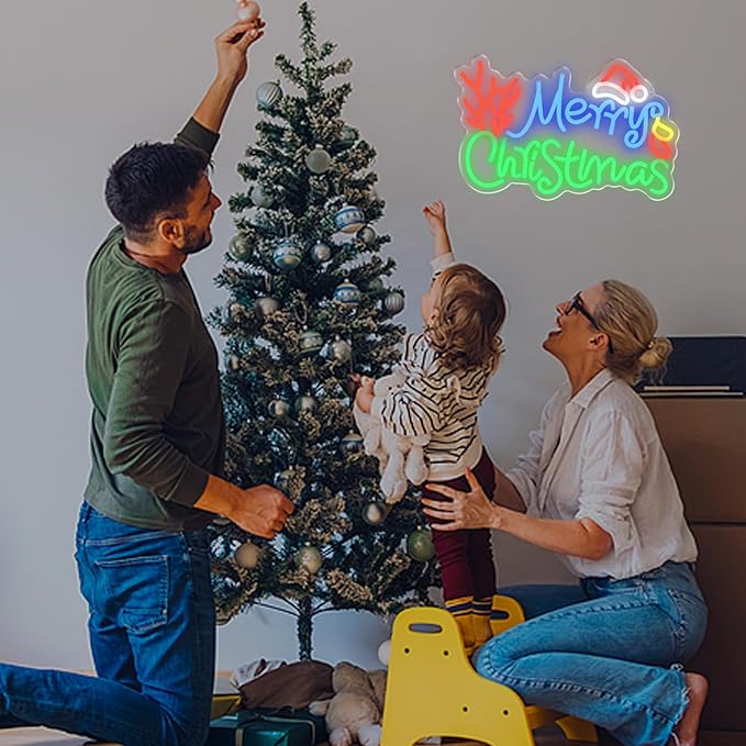 Merry Christmas Neon Sign Dimmable LED Merry Christmas Light Sign for Wall Decor, USB Powered LED Colorful Sign with Hat for Bedroom Living Room Kids Room Decoration