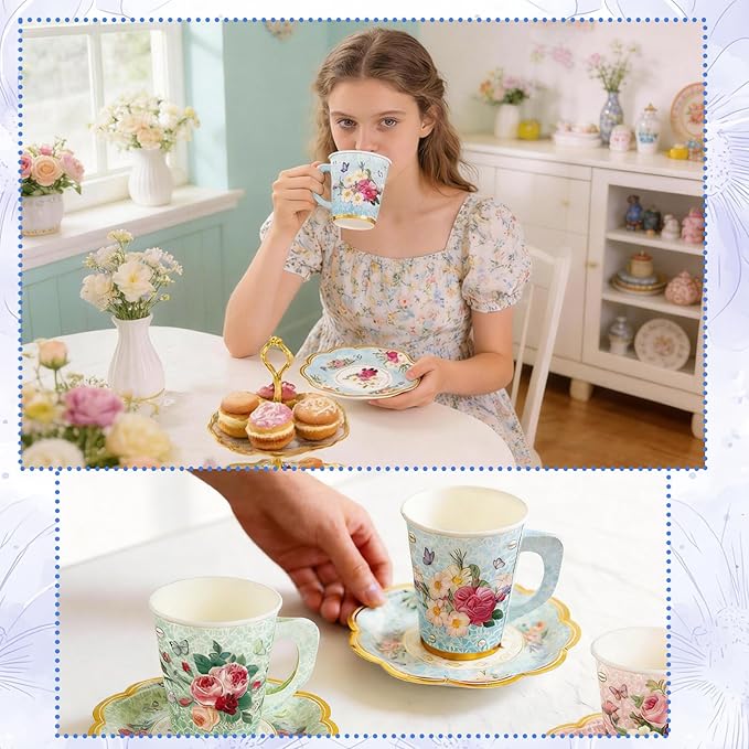 280PCS Spring Tea Party Decorations, Floral Paper Tea Cups & Saucer Set, Disposable Floral Cups With Handle Napkins Plates Knives Forks for Girls Kids Afternoon Tea Birthday, Wedding Party Supplies