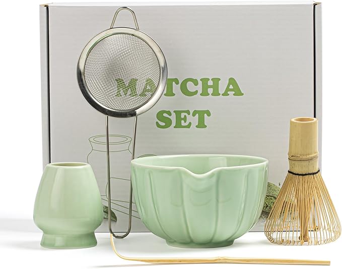 Matcha Whisk Set, Matcha Set Includes Ceramic Matcha Bowl, Bamboo Whisk, Scoop, Chasen Holder, Sifter - 5 Pcs Perfect Matcha Kit for Matcha Lover (Emerald Green)
