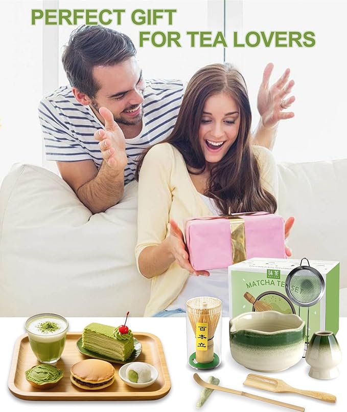 JBER Matcha Whisk Set, Ceramic Matcha Set Includes Bowl, Matcha Whisk (Chasen) and Holder, Sifter, Bamboo Scoop, Spoon & Rest - 7 Pcs Matcha Kit Set for Matcha Lovers & Beginners, Gradient Green