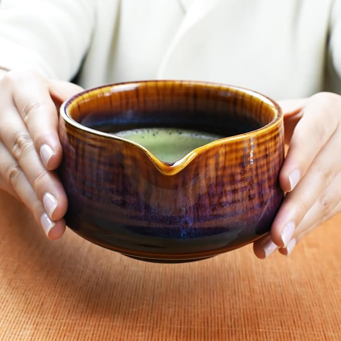 Artcome Matcha Tool Set - Complete Kit with Matcha Bowl with Spout, Bamboo Whisk, Tea Scoop, Whisk Holder, Scoop Holder, Tea Cloth & Powder Strainer, Red-Blue Glaze