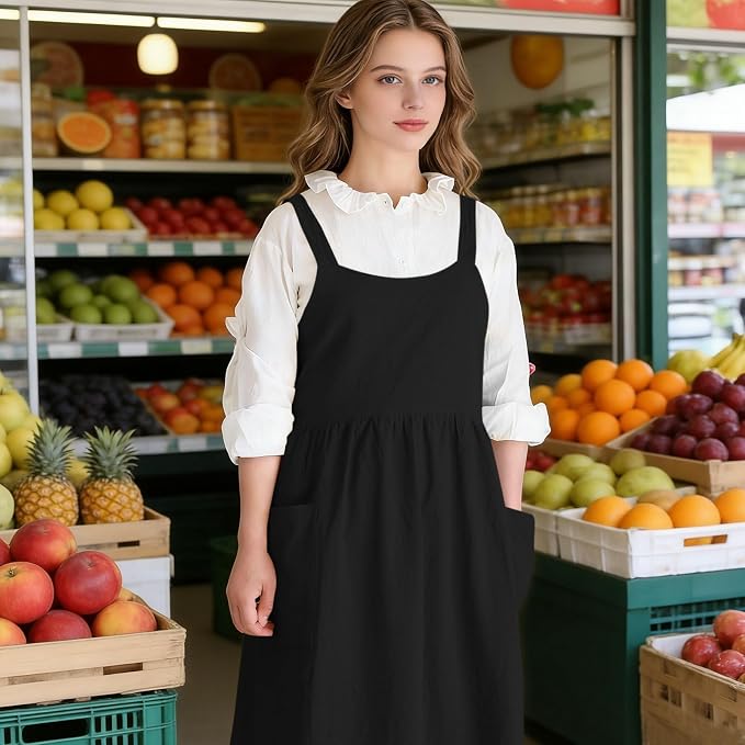 Cotton Linen Cross Back pinafore Apron Dress for Women with Pockets for Cooking Cleaning - Crossback Apron - Black - without Waist Ties - Image 7