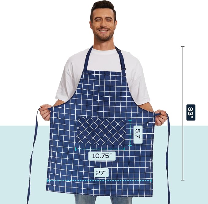 Will Well 2 Pack Bib Apron For Men & Women with 2 Pockets - Navy Checkered | Unisex 33'' x 27'' Oil & Water Resistant Soft Kitchen Chef Apron with Adjustable Neck Strap & 38'' Waist Ties for Snug Fit - Image 6