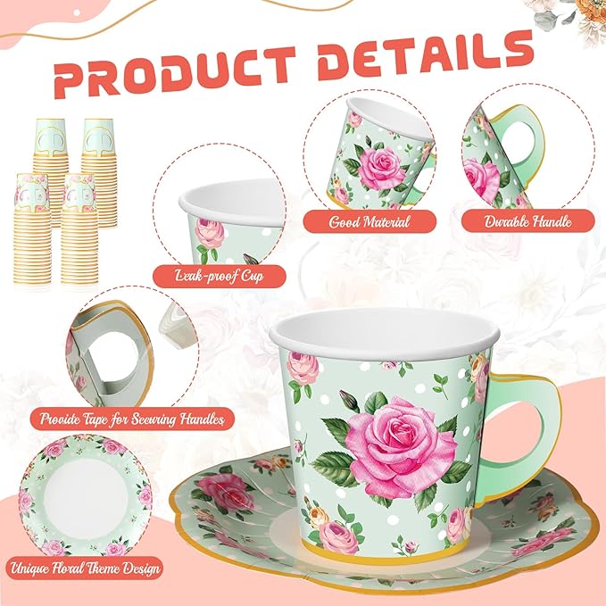 Umigy 36 Sets Tea Party Decorations 6.5 oz Floral Paper Tea Cups with Plates Paper Napkins Disposable Blossom Teacups and Saucers Sets for Girls Birthday Party Supplies(Green)