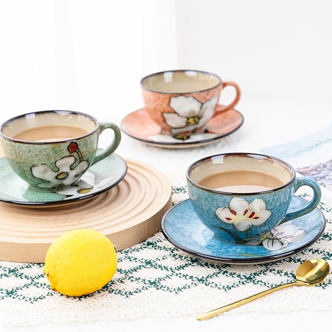 8 Oz Floral Porcelain Cappuccino Cups with Saucers Set of 4, Stoneware Tea Coffee Mugs for Home Kitchen & Office, Dishwasher Microwave Oven Safe, for Espresso, Latte, Americano, Milk & Tea, Mix