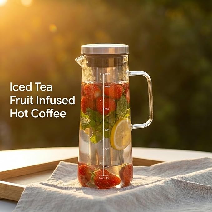 Cold Brew Coffee Maker & Ice Tea Maker, 1.4L/48oz Cold Brew Pither, Borosilicate Glass Carafe with Stainless Steel Filter, Airtight Lid, Dishwasher Safe, Easy to Use | Mannual & Brush Included