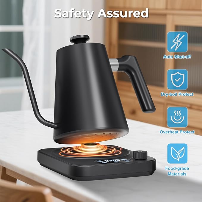 Gooseneck Electric Kettle, ยฑ1ยฐF Temperature Control, Smart Altitude Adaptation, 24H Keep Warm, 30-Min Auto Memory, Food Grade Stainless Steel, Pour Over Kettle for Coffee and Tea, 1200W/1.0L