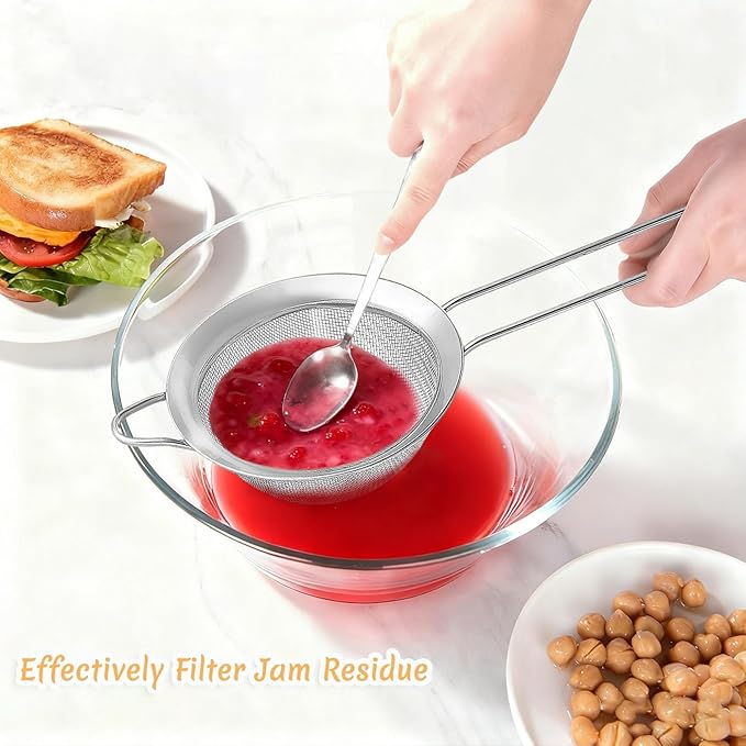 3Pcs Fine Mesh Strainer with Handle, Small Medium Large Size Sieve Strainers Set, Stainless Steel Sifter Colander for Kitchen Baking Juice Quinoa Food Flour