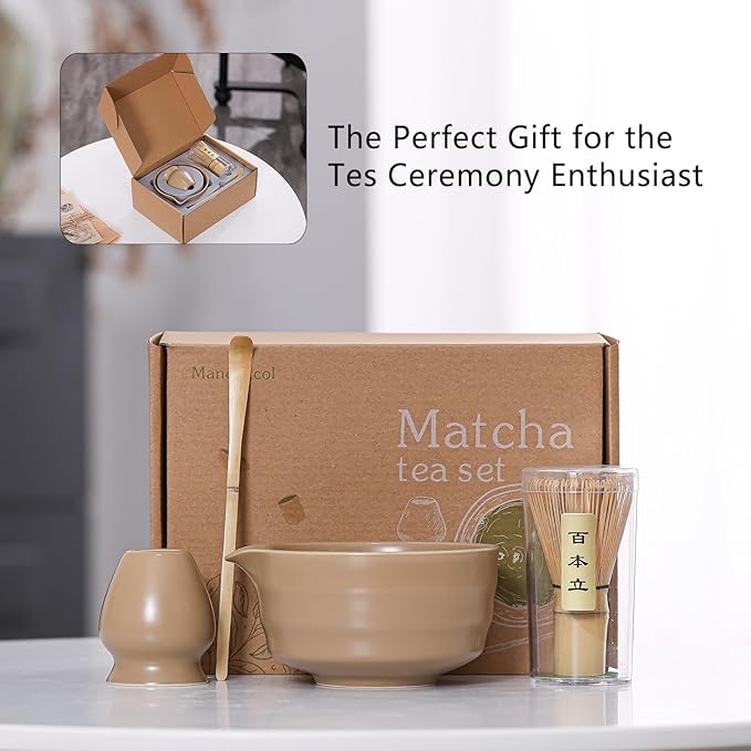 Matcha Tea Set – Traditional Japanese Ceremony Kit with 18.5OZ Ceramic Bowl, Bamboo Whisk, Scoop, and Holder – Ideal for Authentic Matcha Preparation and Gifting (Mocha Brown)