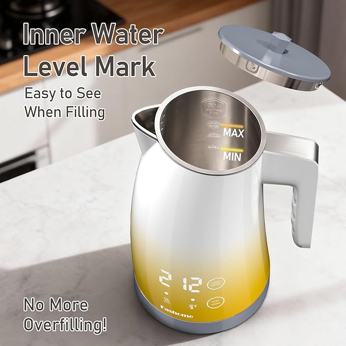 Electric Kettle with Temperature Control, 5 Preset Temps & 2H Keep Warm, 1200W Quiet Water Boiler, BPA-Free Double Wall Cool Touch, Digital Display, 360° Base – Yellow Gradient