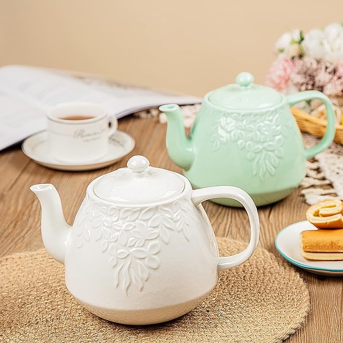 Toptier Leaf Teapot, Porcelain Tea Pot with Stainless Steel Infuser, Blooming & Loose Leaf Ceramic Teapot, 37 Ounce, White