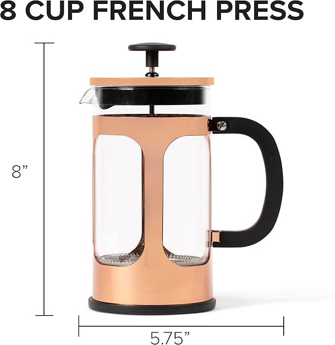 Farberware French Press Coffee Maker, Tea & Espresso Maker, Stainless Steel Cold Brew Press, Heat-Resistant Borosilicate Glass, BPA-Free, Measuring Spoon Included, 8 Cup Capacity (Rose Gold)