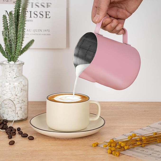 Milk Frothing Pitcher, 12 oz Milk Frother Cup with Clear Scale, 304 Stainless Steel Cappuccino Espresso Machine Accessories for Barista Coffee Bar with Latte Art Pen, Pink