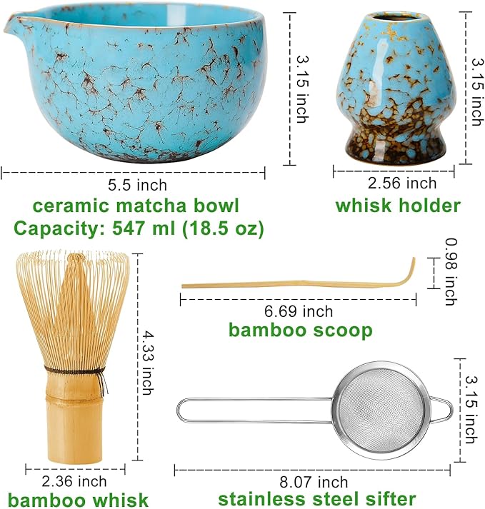MONOJOY Matcha Bowl and Whisk Set, BPA-Free – Multi-Layer Ice-Crackle Ceramic Chawan with Spout, Bamboo Chasen, Holder, Scoop & Sifter | Japanese Ceremonial Matcha Tea Kit for Lattes & Beginners
