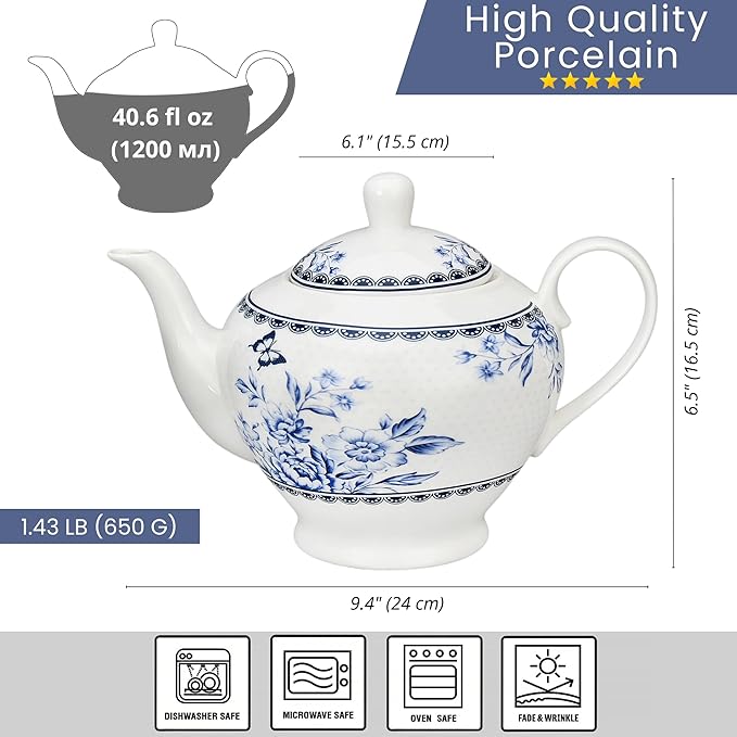 Vintage Indigo Porcelain Teapot 40 oz. Microwave & Dishwasher Safe Tea Pots for Tea, Pots for Women Gift