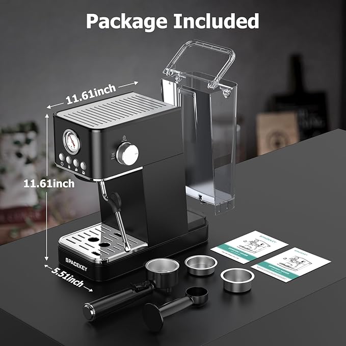 Spacekey Espresso Machine with Milk Frother, 20 Bar Professional Espresso Maker Semi-Automatic Espresso Coffee Machines for Home, Cappuccino, Latte Maker with 58oz Removable Water Tank, Black
