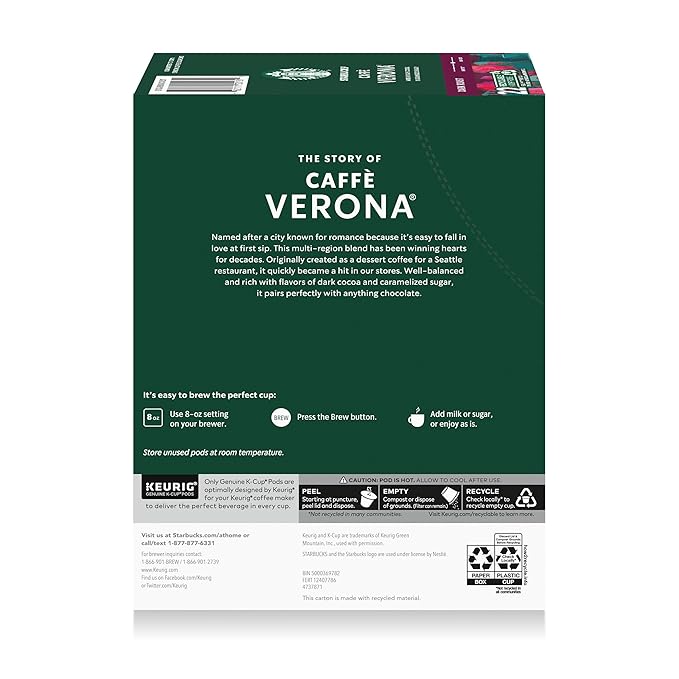 Starbucks K-Cup Coffee Pods, Dark Roast Coffee, Caffè Verona For Keurig Coffee Makers, 100% Arabica, 1 Box (22 Pods)