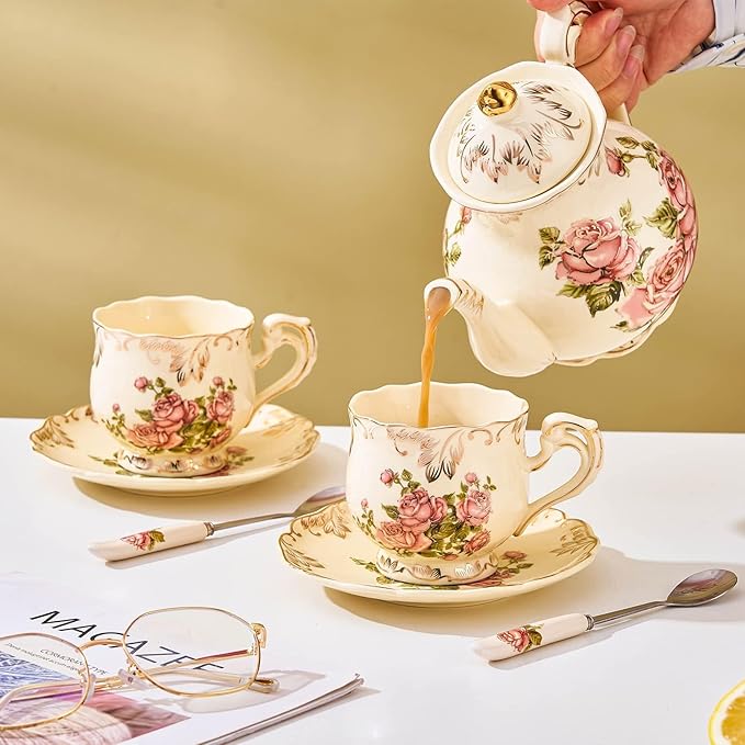 Tea Cups and Saucers Set of 2, 8 Oz Ivory Rose Floral Porcelain Teacup and Saucer Set with Spoon, Vintage Tea Cups with Gold Trim, European Style (Pink Rose)