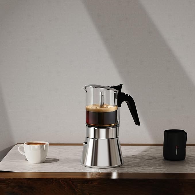 SIXAQUAE Stovetop Espresso Maker, Crystal Glass-top & Stainless Steel Espresso Moka Pot,Classic Italian coffee maker(360ml)