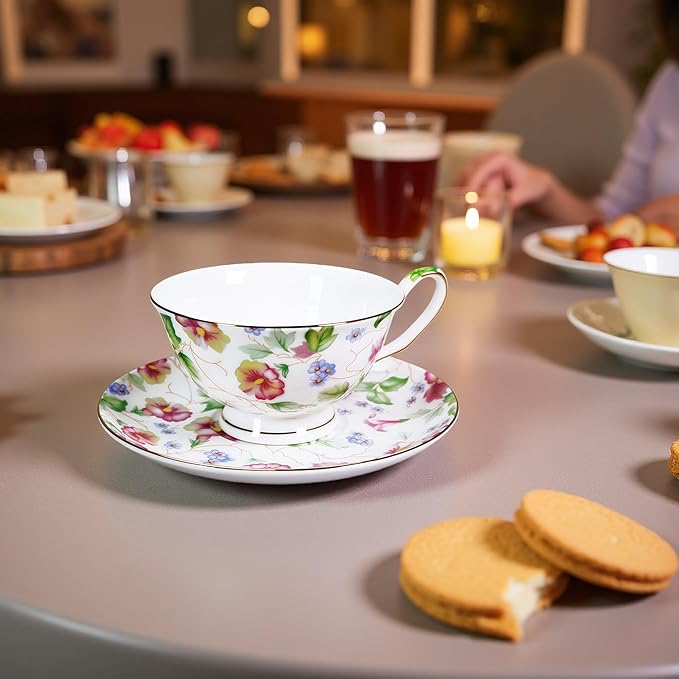 Tea cup and Saucer Set Royal Garden Style Tea Coffee Cup with Saucer 7 Ounces Bone China Teacup and saucer Set (White-Flower)