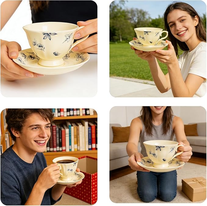 Vintage Porcelain Tea Cup and Saucer Set for 1, 8 oz Cappuccino Cup with Golden Spoon, Small Cream Blue Floral Latte Art Cup, Happy Birthday Gifts