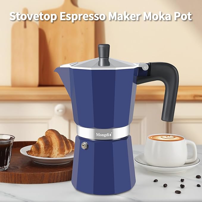 Mongdio Stovetop Espresso Maker Moka Pot, Stove Top Cuban Coffee Maker, Italian Greca Mocha Pot, 12 Espresso Cups, 20 oz - Blue