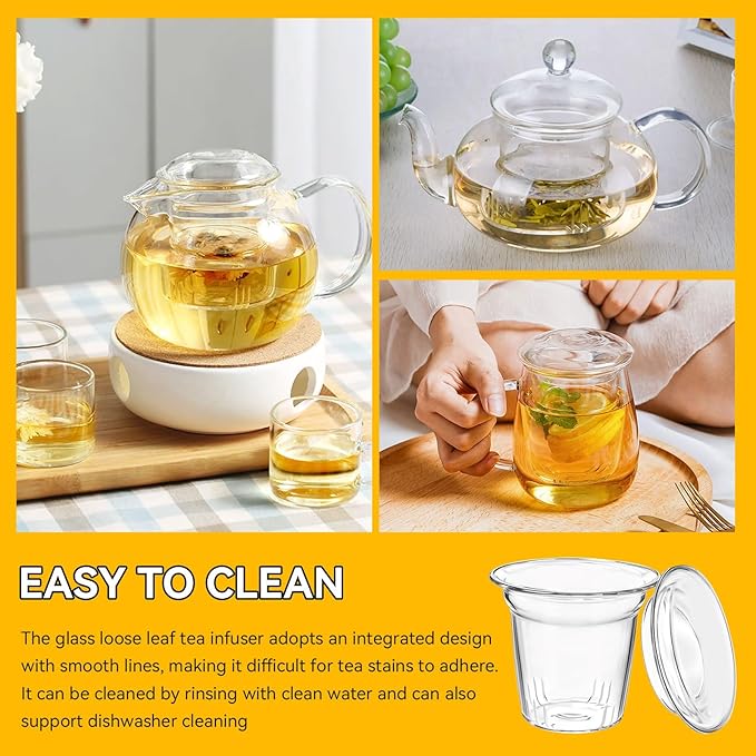 Glass Tea Infuser with Dual-Purpose Lid/Coaster for Teabloom, Glass Tea Strainers for Loose Tea-leaves, Universal Steeper for Teapots, Mug, Bottle, Cup, Travel Tumblersm Microwave & Dishwasher Safe