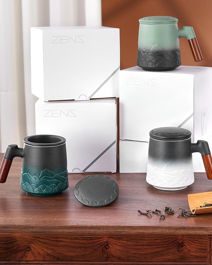 ZENS Tea Mug with Infuser and Lid for Loose Leaf Tea Steeper, 16.9oz Embossed Ceramic Tea Cup with Fine Strainers, Wood Handle Large Diffusers Mugs for Tea Lovers Gifts