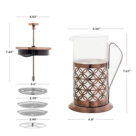OVENTE French Press Coffee Maker 34 Ounce with Heat Resistant Borosilicate Glass, Stainless Steel Design and 4-Level Filter System, Portable Cold Brewer Pot for Travel, Camping or Gift, Copper FSF34C