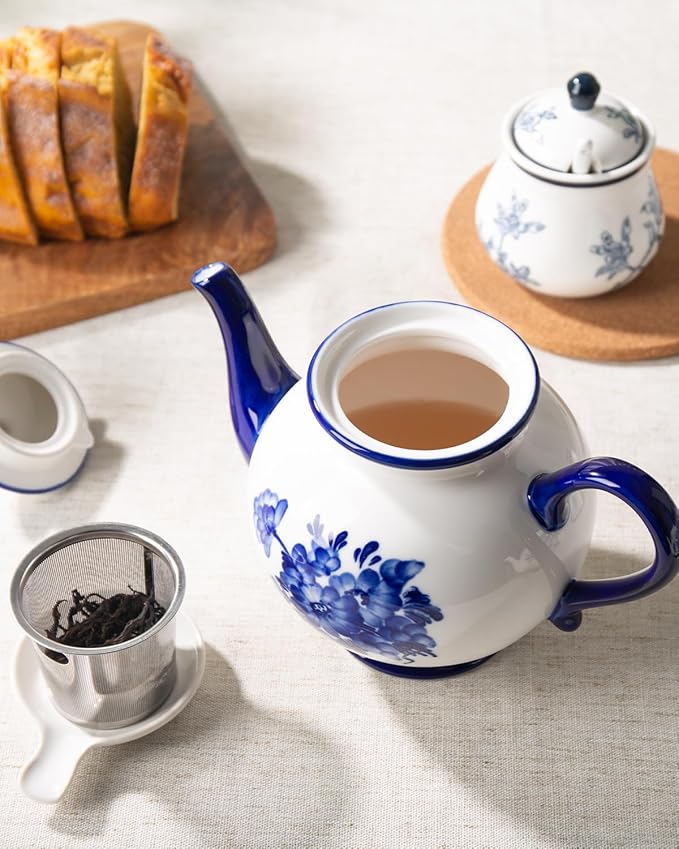 45 Ounce Tea Pot with Infuser, Ceramic Blue and White Teapot, Flowers