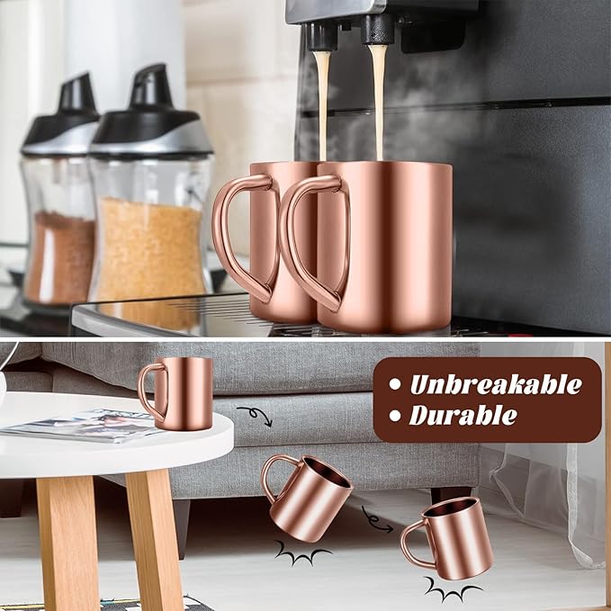 Cunhill 4 Set Small Stainless Steel Coffee Mug 7.5oz/220ml Double Walled Cups Camping Mug with Handle Metal Dishwasher Safe Tea Cups for Home Travel Camping Outdoors Rv Keep Drinks Hot (Rose Gold)