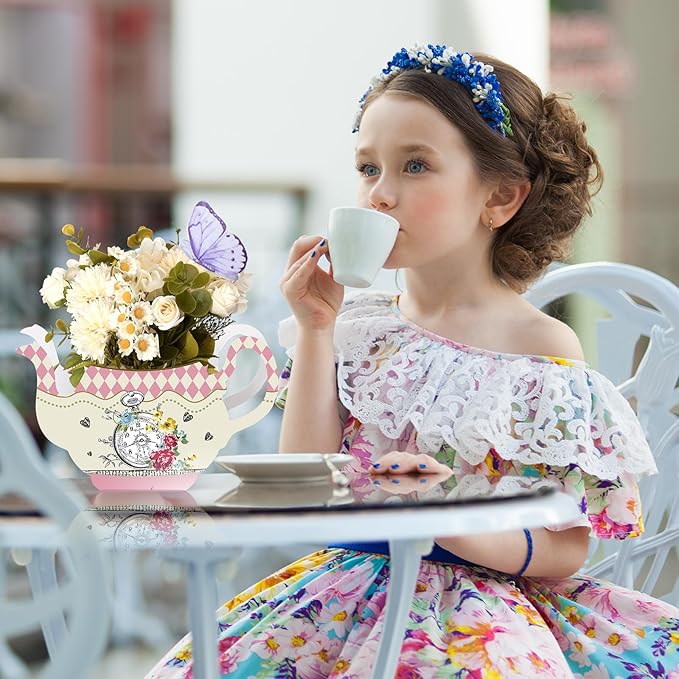 Yinder 6 Pcs Tea Party Decorations Princess Party Flower Boxes Centerpiece Floral Teapot Centerpiece for Floral Tea Themed Birthday Wedding Supplies(Vintage Tea Pot Tea Cup)