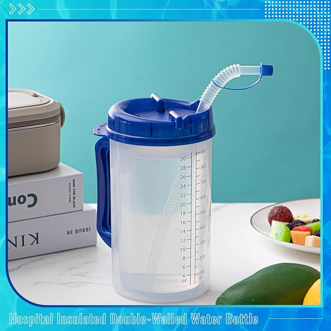 32 oz Hospital Water Cup with Straw and Lid Insulated Double Walled Water Cup with Handle and Straw Elderly Bottle Plastic Drinking Hospital Carafe Insulated Mug(Blue,4)