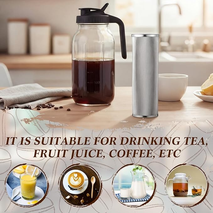 Cold Brew Coffee Filter with Brush Tea Infuser Strainer for 64 Oz/2 Quart Wide Mouth Mason Jar 304 Stainless Steel Food Grade Filter with Sealing Ring for Iced Drink Fruit Tea Coffee Maker