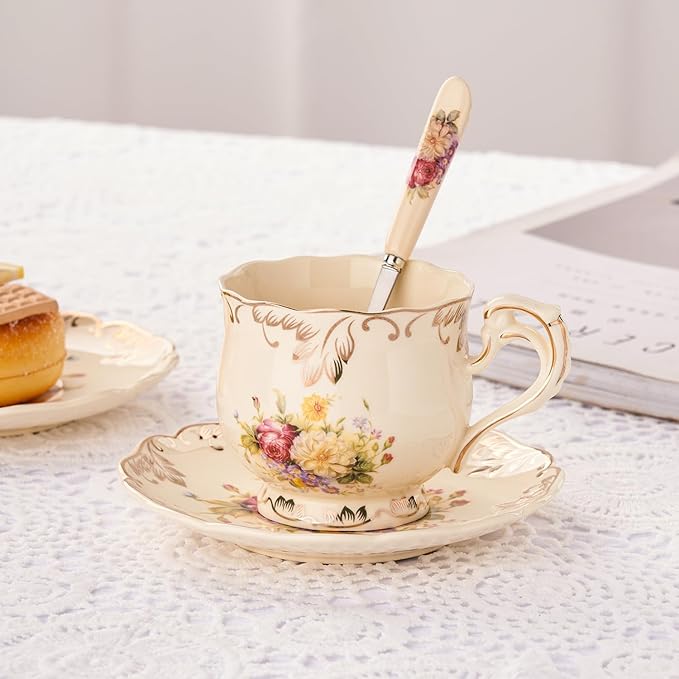 YOLIFE Tea Cups and Saucers Set of 2, Vintage Ceramic Tea Cups Set Floral with Gold Leaves Trim - 8 oz (Flower Shrubs with Gift Box(no stand))
