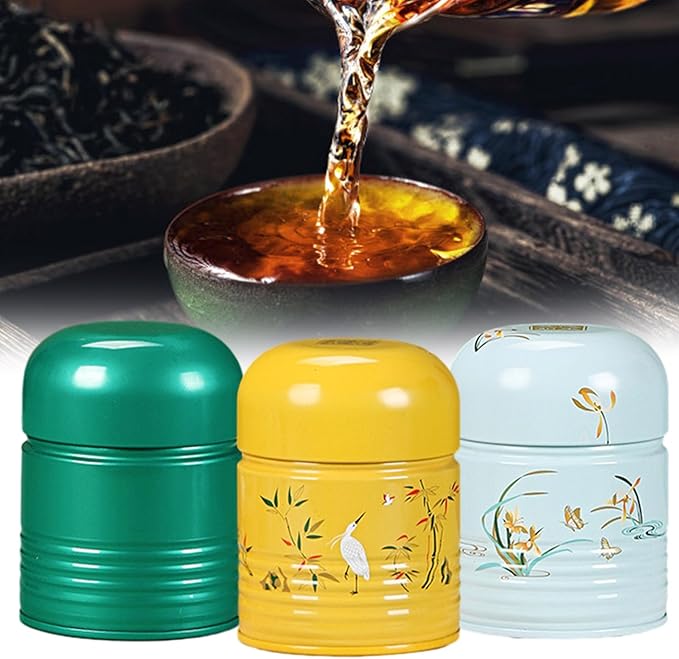 Tea Tin,Round Tea Box Compact Tea Container Convenient Tea Storage Box Tinplate Tea Canister Tea Storage Jar for Various Teas, 7.3x9.9cm