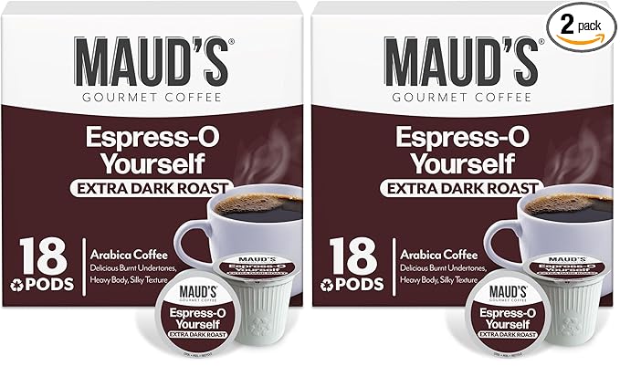 Maud's Espresso Roast Coffee Pods, 18 ct, Dark Roast Coffee in Recyclable Single Serve Pods – 100% Arabica Coffee, Compatible with Keurig K Cups Maker (Pack of 2)
