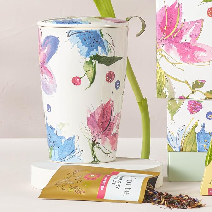 Tea Forte Double-Walled Ceramic Kati Cup, Removable Stainless Steel Infuser Basket and Lid, Steeps 12 oz Loose Leaf Tea, Dishwasher & Microwave Safe, Herbal Retreat