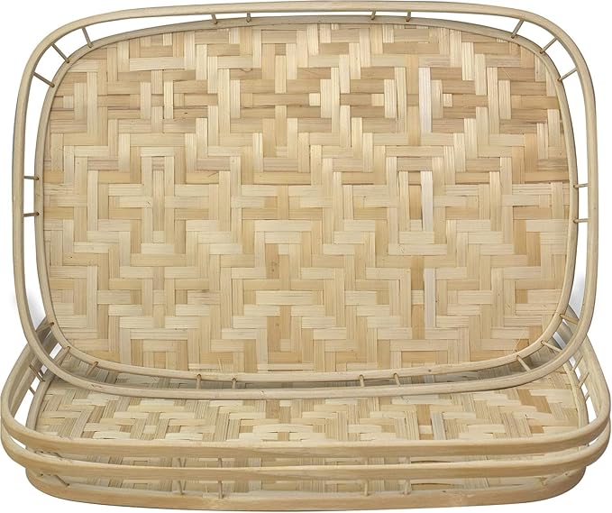 Rectangular Bamboo Wicker Serving Trays with Handles, Handwoven Coffee Trays for Coffee, Breakfast, Bread, Food, Dish and Decorative Tray for Dining Table (1)
