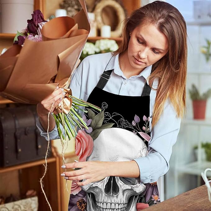 Skull Flowers Vintage Rose Floral Waterproof Apron Kitchen Chef Aprons Bibs for Grooming Cooking Baking Painting Gardening - Image 6