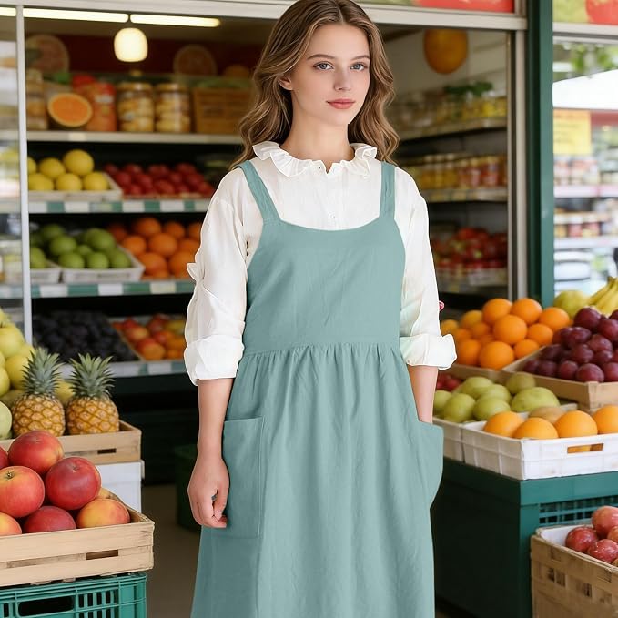 Cotton Linen Cross Back pinafore Apron Dress for Women with Pockets for Cooking Cleaning - Crossback Apron - Turquoise - without Waist Ties - Image 7